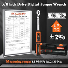 Load image into Gallery viewer, coobeast 3/8 Drive Digital Torque Wrench(1.5-99.5 Ft-lbs./2-135Nm), Orange_5525