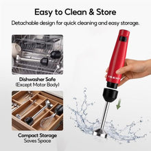 Load image into Gallery viewer, Cordless Hand Blender, 12V Rechargeable Immersion Blender with Brushless Motor, 60+ Bowls per Charge, 2-Blade, Auto Lock, Whisk & Frother for Soup, Smoothies, Baby Food, Red_638