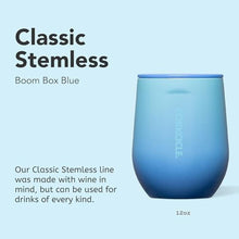 Load image into Gallery viewer, Corkcicle Classic Stemless Wine Tumbler - Keeps Drinks Cold for 6 Hours - Triple-Insulated Stainless Steel - Non-Slip Bottom - Summer Drinkware Gift - Keeps Drinks Ice Cold - 12 oz - Boom Box Blue, BoomBoxBlue_5916