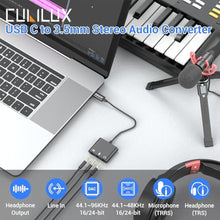 Load image into Gallery viewer, Cubilux USB C to 3.5mm Adapter for Live Streaming/Recording, USB C to TRRS Microphone Splitter for Laptop, Recording Adapter with Line-in & Mic-in & 3.5 Headphone Out-Suitable for Laptop/PC, Black_350