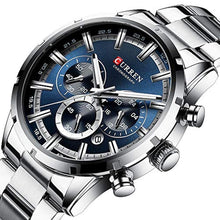 Load image into Gallery viewer, CURREN Mens Watch Sport Quartz Chronograph Wristwatches with Luminous hands Fashion Stainless Steel Clock date (Silver blue)._396