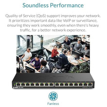 Load image into Gallery viewer, D-Link 16 Port Gigabit Ethernet Unmanaged Slim Switch, Sturdy Metal with Shielded Ports, Silent Fanless, QoS, Plug and Play, Compact Desktop/Wall Mount, Flow Control, Energy Saving, Black (DGS-1016S)_828