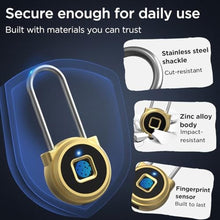 Load image into Gallery viewer, Dhiedas Fingerprint Lock - 2.1 Inch Long Shackle Combination Lock with Fingerprint Bluetooth, Smart Digital Biometric Padlock Keyless Waterproof Fingerprint Lock for Gym Locker Case Hasp Cabinet, Gold_6615