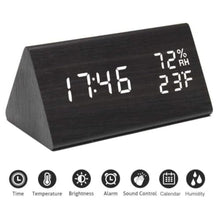 Load image into Gallery viewer, Digital Alarm Clock, Wooden Alarm Clock with Electronic LED Time Display, Humidity & Temperature Detect 3 Alarm Settings 3 Level Brightness Electric Clock for Bedroom Bedside Desk (Black Wood), BlackWood_7783