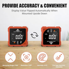 Load image into Gallery viewer, Digital Angle Finder with Laser, 4-side Magnetic Digital Angle Gauge, Rechargeable Mini Digital Laser Level Measuring Tool Cube Inclinometer with Backlight for Woodworking Tablesaw Gift for Men Orange_1139