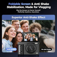 Load image into Gallery viewer, Digital Camera 4K: 64MP Cameras for Photography Vlogging - 16X Zoom Photo Camera Gifts for Teens Ages 8 9 10 11 12 13 14 15 16 17 18-180Flip Screen Cmara - Point and Shoot Digital Cameras, Black_467