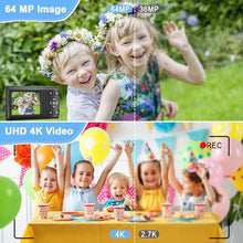 Load image into Gallery viewer, Digital Camera 4K 64MP Point and Shoot Camera with 18X Zoom for Beginners, Black_393