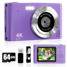 Load image into Gallery viewer, Digital Camera, Kids Camera1080P, Vlog Camera with 64GB Card, 16X Zoom Anti Shake, Card Reader, 44MP Compact Portable Small Point Shoot Digicam Gift for Kid Student Children Teen Girl Boy(Pruple), Purple_1
