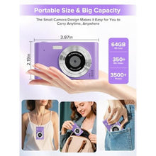 Load image into Gallery viewer, Digital Camera, Kids Camera1080P, Vlog Camera with 64GB Card, 16X Zoom Anti Shake, Card Reader, 44MP Compact Portable Small Point Shoot Digicam Gift for Kid Student Children Teen Girl Boy(Pruple), Purple_1736