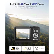 Load image into Gallery viewer, Digital Camera, Real 2.7K Dual-Screen Digital Camera for Photography Auto-Focus Vlogging Camera for YouTube Video 16x Zoom 32GB SD Card Anti Shake Compact Camera for Student Teen Boys Girls Kids, Black_3864