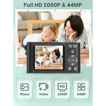 Load image into Gallery viewer, Digital Kids Camera 1080P Vlog Camera with 64GB, Lanyard, 16X Zoom Anti Shake, Card Reader 44MP Compact Portable Point Shoot Digicam for Kid Teen Girl Boy Christmas Halloween Thanksgiving(Black)_622