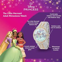 Load image into Gallery viewer, Disney Ariel Inspired Fashion Watch for Women Stylish Mermaid Character Dial with Sparkling Bezel Great Christmas Gift for Moms, Women, or Collectors of Animated Accessories Gold Bracelet Strap, TwoTone_8270