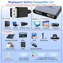 Load image into Gallery viewer, DisplayPort Splitter 1 in 2 Out, Display Port Splitter for Dual Monitors 4K@60Hz, Extended Display MST Hub for HDMI and DisplayPort Monitors, DP to DP/HDMI Adapter for Desktop/NVIDIA/AMD Graphics Card, Grey_794