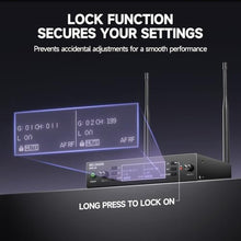 Load image into Gallery viewer, Dual Channel Wireless Microphone System, MELONARE Auto-Scan Professional Cordless Dynamic Mic Set, 260ft Range, 2x100 UHF Metal Wireless Mic for Singing, Karaoke, Church, Wedding, DJ (MWU-20-2H), Black_5170