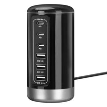 Load image into Gallery viewer, EGK USB Tower Fast Charging Station 6-Port 150W - Compact, Space-Saving Design with Multiple USB-C Ports for All Series iPhone Galaxy Note Pixel iPad Multiple Devices, Black_1