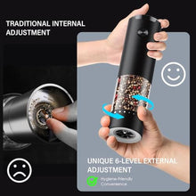 Load image into Gallery viewer, Electric Salt and Pepper Grinder Set, Automatic Salt and Pepper shakers with Upgraded 6-Level External Adjustable Coarseness, Battery Operated, Larger Capacity with Led for Home Kitchen (Black/Black), BlackBlack_1845