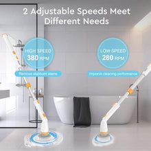 Load image into Gallery viewer, Electric Spin Scrubber, KIKOLIN 380RPM High Speed Power Scrubber, Cordless Cleaning Brush 2 Speeds for Bathroom, Tub, Shower, Floor with 4 Replaceable Brush Heads and Adjustable Extension Long Handle, Orange_7028