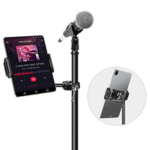 Load image into Gallery viewer, elitehood Aluminum iPad Holder for Mic Stand, Side Mount iPad Music Stand Holder for Microphone, 360 Swivel Tilt Adjustable Mic Tablet Mount for 4-13in iPhone, Cell Phones and Tablets, Black_1