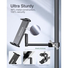 Load image into Gallery viewer, elitehood Aluminum iPad Holder for Mic Stand, Side Mount iPad Music Stand Holder for Microphone, 360 Swivel Tilt Adjustable Mic Tablet Mount for 4-13in iPhone, Cell Phones and Tablets, Black_8212