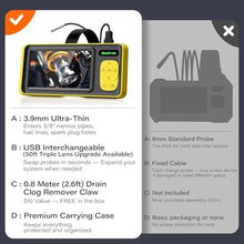 Load image into Gallery viewer, Endoscope with Light, 3.9mm Ultra-Thin Probe, 4.3" IPS Screen 1080P HD IP67 Waterproof Borescope Inspection Camera, USB Interchangeable 16.5ft Semi-Rigid Cable, 3.3ft Drain Clog Remover Included, Yellow_739