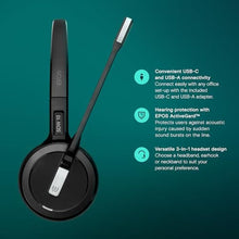 Load image into Gallery viewer, EPOS Impact 5000 Go MS 3-in-1 Wireless DECT Headset with USB-A Dongle, Foldable Charge Stand, Microsoft Teams Certified, Noise-Cancelling Mic, Up to 135m Range, Black_78