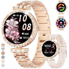 Load image into Gallery viewer, ESFOE Smart Watches for Women,1.19 AMOLED Smart Watch Women Answer Make Calls,IP68 Waterproof Fitness Tracker,Heart Rate Sleep Monitor,100+ Sports Pedometer Watch for Android iOS Phone,Gift,Rose Gold, RoseGoldDiamondMetalStrap_1