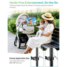 Load image into Gallery viewer, Evekea Tablet Holder, iPad Holder for Stroller/Treadmill/Golf Cart/Boat/Mic Stand/Wheelchair/Gym Bicycle Handlebar Clamp, 360Adjustable Tablet Stand for 4.7-12.9" iPad Pro Galaxy Tabs_3383