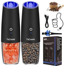 Load image into Gallery viewer, FaCreate UPGRADED USB RECHARGEABLE Gravity Electric Salt and Pepper Grinder Set,Battery Powered Automatic Operation Salt and Pepper Shakers,LED Light Adjustable Coarseness Mill 2 PACK(BLACK)_1