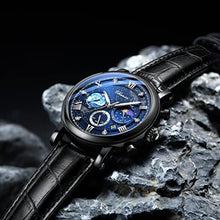 Load image into Gallery viewer, FANMIS Men's Classic Multifunctional Military Sports Analog Watch Business Dress Waterproof Luminous Chronograph Starry Sky Moon Phase Leather Wristwatch (Black)_3900