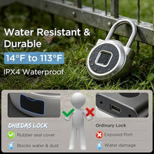 Load image into Gallery viewer, Fingerprint Lock, Dhiedas Gym Lock, Bluetooth Lock, Small Fingerprint Padlock with Keyless, Weatherproof Smart Lock for Gym Locker School Suitcase Cabinet Luggage Storage and Fence, Silver_7004