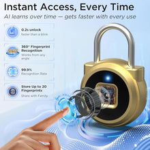 Load image into Gallery viewer, Fingerprint Padlock, Dhiedas Padlock with Fingerprint Bluetooth, Waterproof Small Padlocks, USB Charging for Gym Locker, School, Luggage, Fence, Hasp Cabinet Gold_7025