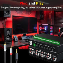 Load image into Gallery viewer, FlyroadUp 3.5mm Aux + RCA L/R Bi-Directional Stereo Audio Switch 8 in 1 Out A/B Analog Audio Switcher Selector, Black_4556