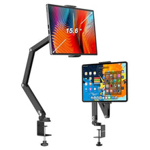 Load image into Gallery viewer, Foldable Flexible Tablet Stand Holder for Desk, 360 Adjustable iPad Arm Mount, Portable Monitor 15.6 Stand, Premium Phone Holder Compatible with iPad 13/12.9/11 Mini/10/9th, Samsung, Kindle, black_1