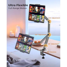 Load image into Gallery viewer, Foldable Flexible Tablet Stand Holder for Desk, 360 Adjustable iPad Arm Mount, Portable Monitor 15.6 Stand, Premium Phone Holder Compatible with iPad 13/12.9/11 Mini/10/9th, Samsung, Kindle, black_714