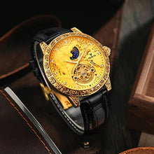Load image into Gallery viewer, FORSINING Men's Tourbillon Watch Luxury Skeleton Carved Moon Phase Automatic Self-Winding Watches with Genuine Leather Strap (Gold)_812