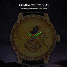 Load image into Gallery viewer, FORSINING Men's Tourbillon Watch Luxury Skeleton Carved Moon Phase Automatic Self-Winding Watches with Genuine Leather Strap (Gold)_814