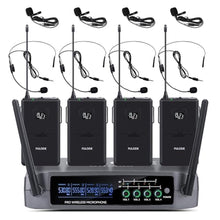 Load image into Gallery viewer, FULODE UR-408 4 Channel Professional Wireless Microphone System with 4 Lavalier 4 Headset Mics, Ideal for Home Party Singing Karaoke Meeting Church Event TV Speaker, GrayBodypack_1