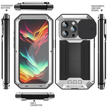 Load image into Gallery viewer, FunnyWin FW Compatible with iPhone 15 Pro Max Metal Case with Slide Camera Cover Built in Screen Protector Kickstand Full Body Hybrid Military Heavy Duty Armor Silicone Case for Man (Sliver), Silver_7502