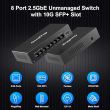 Load image into Gallery viewer, GoodTop 8 Port 2.5Gb Unmanaged Ethernet Switch with 10G SFP+,60Gbps Switching Capacity,Metal Fanless Multi-Gigabit Home Lab Setup Network Switch, Black_6280