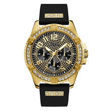 Load image into Gallery viewer, GUESS Comfortable Gold-Tone Black Stain Resistant Silicone Watch with Crystal Embellished Day, Date + 24 Hour Military/Int'l Time. Color: Black (Model: U1132G1), BlackGoldToneBlack_1