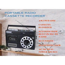 Load image into Gallery viewer, HANNLOMAX HX-601K Portable AM/FM Radio Cassette Recorder with Bluetooth, Records from Built-in Mic or Radio, Headphone Jack, AC/DC Operation. (Black)_5103
