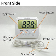 Load image into Gallery viewer, HATUSOKU Digital Thermometer with External Sensor, Magnet, Suction Cup, Water Thermometer, Aquarium, Refrigerator, Freezer (White)_2040