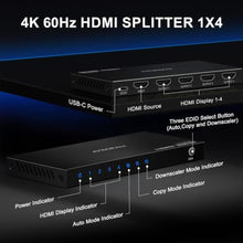 Load image into Gallery viewer, HDMI Splitter 1 in 4 Out 4K 60Hz 4:4:4, AVIDGRAM HDMI 4 Port Splitter with Copy, Downscaler, and Auto Mode for Four Identical Display Support 1080p 120Hz HDCP 2.2 HDR10 18Gbps 3D (Mirror Only), Black_193