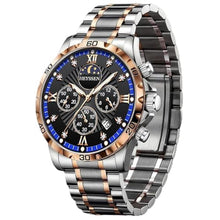 Load image into Gallery viewer, Heyssen Watches for Men Stainless Steel: Dress Watch for Mens Quartz Analog Wrist Luxury Black Metal Tone Blue Dial Big Classic Diver Waterproof Chronograph Black Face Business Man Gift, SilvergoldCaseBlueBezel_1