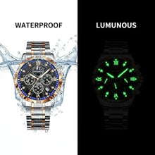 Load image into Gallery viewer, Heyssen Watches for Men Stainless Steel: Dress Watch for Mens Quartz Analog Wrist Luxury Black Metal Tone Blue Dial Big Classic Diver Waterproof Chronograph Black Face Business Man Gift, SilvergoldCaseBlueBezel_3635