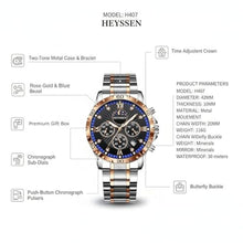 Load image into Gallery viewer, Heyssen Watches for Men Stainless Steel: Dress Watch for Mens Quartz Analog Wrist Luxury Black Metal Tone Blue Dial Big Classic Diver Waterproof Chronograph Black Face Business Man Gift, SilvergoldCaseBlueBezel_3636