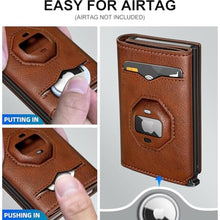 Load image into Gallery viewer, Housmai Airtag Wallet for Men,with Cash Pocket 2 ID Window 10+ Cards,Metal Case Smart Slim Pop Up Credit Card Holder Flip with Magnetic Closure RFID Blocking Trifold Leather wallet with Gift Box, BrickBrown_272