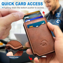 Load image into Gallery viewer, Housmai Airtag Wallet for Men,with Cash Pocket 2 ID Window 10+ Cards,Metal Case Smart Slim Pop Up Credit Card Holder Flip with Magnetic Closure RFID Blocking Trifold Leather wallet with Gift Box, BrickBrown_273