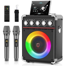 Load image into Gallery viewer, HWWR Karaoke Machine, Portable PA System with 2 Wireless Microphones for Adults Kids, Karaoke Speaker with Microphones & DJ Lights for Home Party Gathering, Echo/Bass/Treble Adjustment, TWS, Black_1