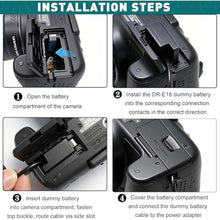Load image into Gallery viewer, HY1C LP-E17 Dummy Battery DR-E18 DC Coupler, ACK-E18 AC Power Adapter Kit, Continuous Power Supply for Canon EOS R50 R8 R10 R100 RP, Rebel T6i T7i T8i T6s SL2 SL3 77D 200D 250D 800D 850D 9000D Camera, Black_240